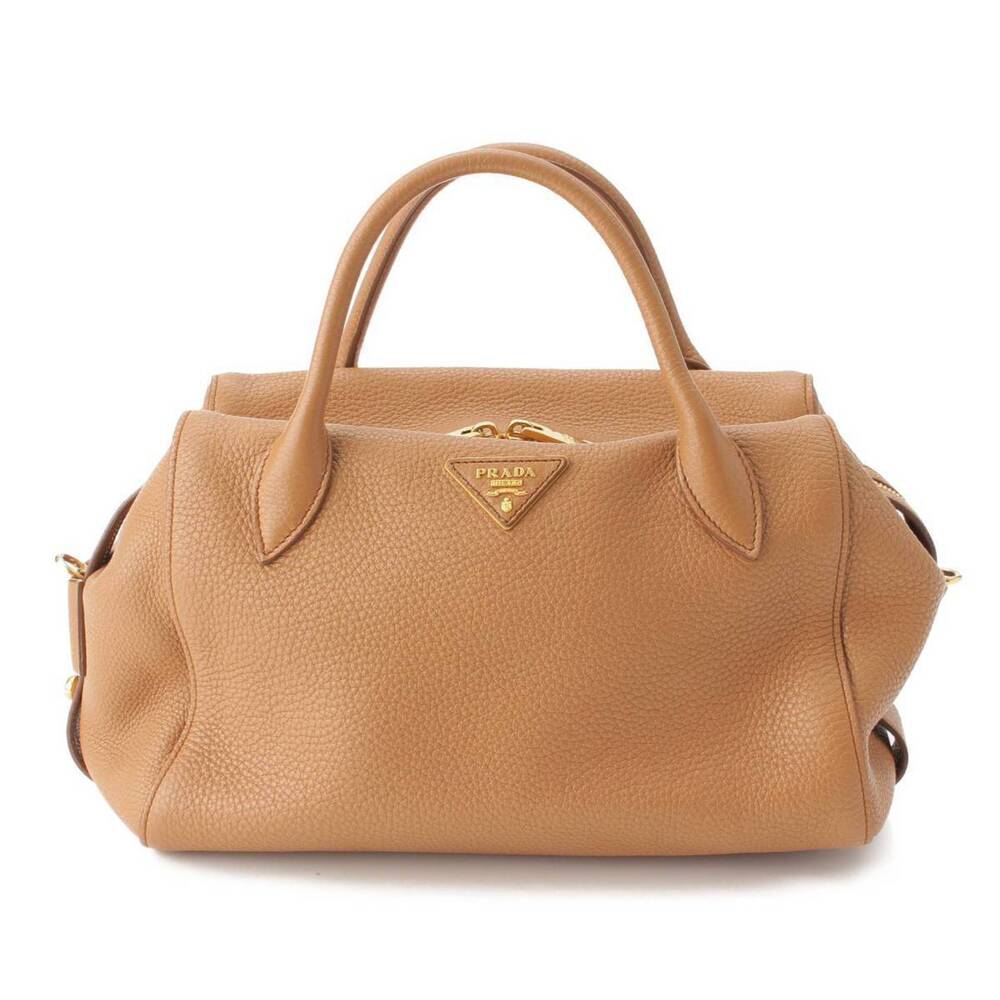 Prada Triangle Plate Leather Handbag Shoulder Bag Beige
